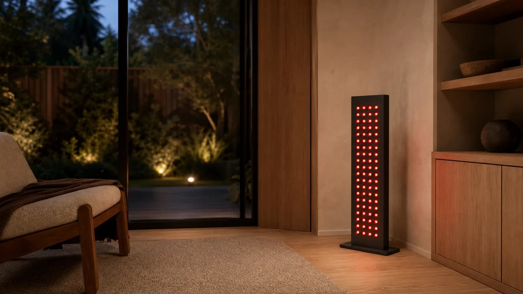 Red light panel in a quiet home wellness room at dusk